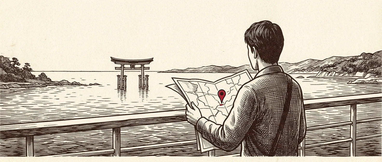 First-time cruiser reading a map with a red pin, torii gate visible across the water