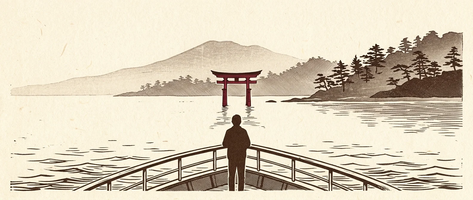 Illustrated traveler at a ship's bow gazing toward a red torii gate on Japan's coast